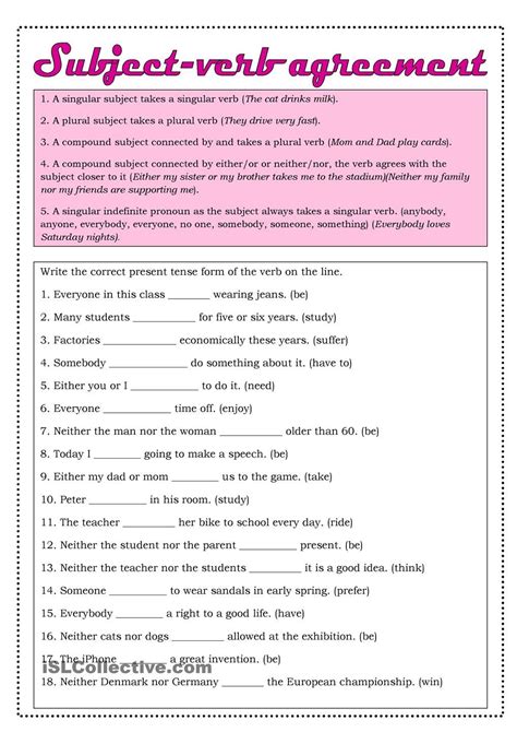 subject verb agreement worksheet class 10